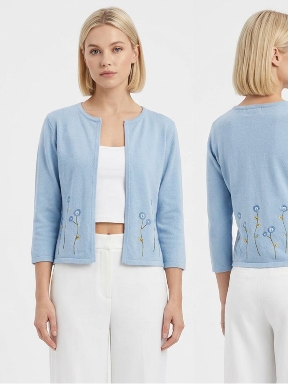 Roots Blue Embroider Flower Knit Cardigan Sweater